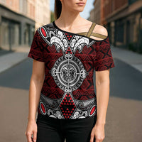 Red Aotearoa Taniko Motif Cross Shoulder Shirt Vintage Maori New Zealand Tribal Art Pattern - Polynesian Pride