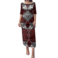 Red Aotearoa Tanilo Motif Family Matching Puletasi and Hawaiian Shirt Vintage Maori New Zealand Tribal Art Pattern