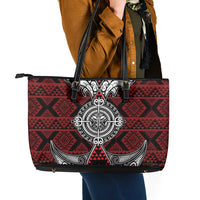 Red Aotearoa Taniko Motif Leather Tote Bag Vintage Maori New Zealand Tribal Art Pattern