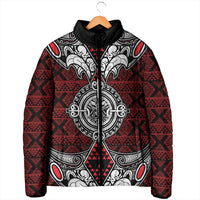 Red Aotearoa Taniko Motif Padded Jacket Vintage Maori New Zealand Tribal Art Pattern - Polynesian Pride