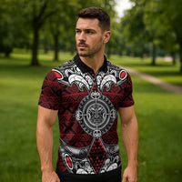 Red Aotearoa Taniko Motif Zipper Polo Shirt Vintage Maori New Zealand Tribal Art Pattern - Polynesian Pride