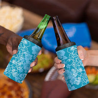 Hawaiian Lei Day 4 in 1 Can Cooler Tumbler Blue Hibiscus Flowers Lei Art