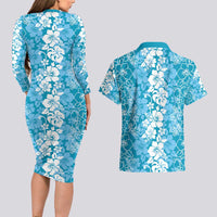 Hawaiian Lei Day Couples Matching Long Sleeve Bodycon Dress and Hawaiian Shirt Blue Hibiscus Flowers Lei Art