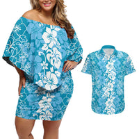 Hawaiian Lei Day Couples Matching Off Shoulder Short Dress and Hawaiian Shirt Blue Hibiscus Flowers Lei Art