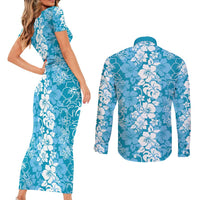 Hawaiian Lei Day Couples Matching Short Sleeve Bodycon Dress and Long Sleeve Button Shirt Blue Hibiscus Flowers Lei Art