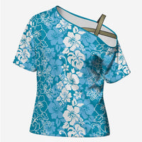 Hawaiian Lei Day Cross Shoulder Shirt Blue Hibiscus Flowers Lei Art LT9 Female Blue - Polynesian Pride