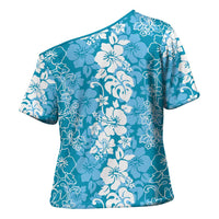 Hawaiian Lei Day Cross Shoulder Shirt Blue Hibiscus Flowers Lei Art LT9 - Polynesian Pride