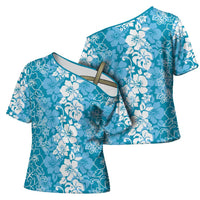 Hawaiian Lei Day Cross Shoulder Shirt Blue Hibiscus Flowers Lei Art LT9 - Polynesian Pride