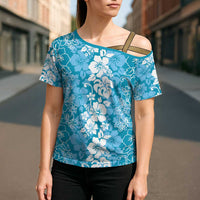 Hawaiian Lei Day Cross Shoulder Shirt Blue Hibiscus Flowers Lei Art LT9 - Polynesian Pride