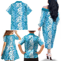 Hawaiian Lei Day Family Matching Off The Shoulder Long Sleeve Dress and Hawaiian Shirt Blue Hibiscus Flowers Lei Art