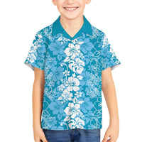 Hawaiian Lei Day Family Matching Puletasi and Hawaiian Shirt Blue Hibiscus Flowers Lei Art LT9 Son's Shirt Blue - Polynesian Pride