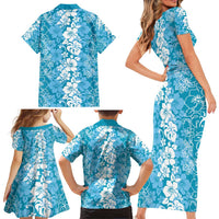 Hawaiian Lei Day Family Matching Short Sleeve Bodycon Dress and Hawaiian Shirt Blue Hibiscus Flowers Lei Art