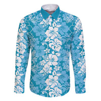 Hawaiian Lei Day Family Matching Short Sleeve Bodycon Dress and Hawaiian Shirt Blue Hibiscus Flowers Lei Art