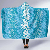 Hawaiian Lei Day Hooded Blanket Blue Hibiscus Flowers Lei Art