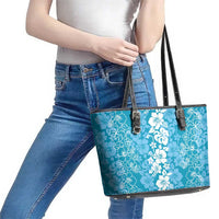 Hawaiian Lei Day Leather Tote Bag Blue Hibiscus Flowers Lei Art