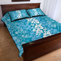 Hawaiian Lei Day Quilt Bed Set Blue Hibiscus Flowers Lei Art
