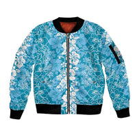 Hawaiian Lei Day Sleeve Zip Bomber Jacket Blue Hibiscus Flowers Lei Art