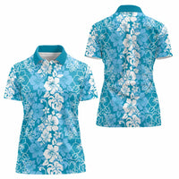 Hawaiian Lei Day Women Polo Shirt Blue Hibiscus Flowers Lei Art