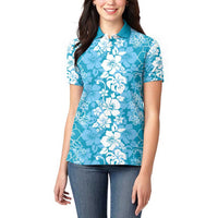Hawaiian Lei Day Women Polo Shirt Blue Hibiscus Flowers Lei Art