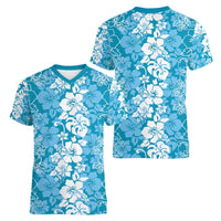 Hawaiian Lei Day Women V-Neck T-Shirt Blue Hibiscus Flowers Lei Art
