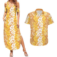 Hawaiian Lei Day Couples Matching Summer Maxi Dress and Hawaiian Shirt Gold Hibiscus Flowers Lei Art