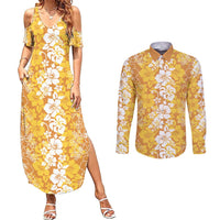 Hawaiian Lei Day Couples Matching Summer Maxi Dress and Long Sleeve Button Shirt Gold Hibiscus Flowers Lei Art