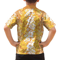 Hawaiian Lei Day Family Matching Off The Shoulder Long Sleeve Dress and Hawaiian Shirt Gold Hibiscus Flowers Lei Art