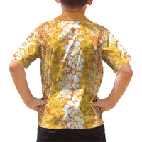Hawaiian Lei Day Family Matching Short Sleeve Bodycon Dress and Hawaiian Shirt Gold Hibiscus Flowers Lei Art