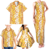 Hawaiian Lei Day Family Matching Tank Maxi Dress and Hawaiian Shirt Gold Hibiscus Flowers Lei Art