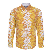 Hawaiian Lei Day Long Sleeve Button Shirt Gold Hibiscus Flowers Lei Art LT9 Unisex Gold - Polynesian Pride