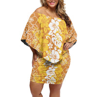 Hawaiian Lei Day Off Shoulder Short Dress Gold Hibiscus Flowers Lei Art