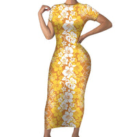 Hawaiian Lei Day Short Sleeve Bodycon Dress Gold Hibiscus Flowers Lei Art