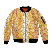 Hawaiian Lei Day Sleeve Zip Bomber Jacket Gold Hibiscus Flowers Lei Art