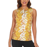Hawaiian Lei Day Women Sleeveless Polo Shirt Gold Hibiscus Flowers Lei Art