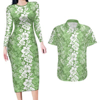 Hawaiian Lei Day Couples Matching Long Sleeve Bodycon Dress and Hawaiian Shirt Green Hibiscus Flowers Lei Art