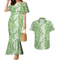 Hawaiian Lei Day Couples Matching Mermaid Dress and Hawaiian Shirt Green Hibiscus Flowers Lei Art