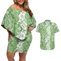Hawaiian Lei Day Couples Matching Off Shoulder Short Dress and Hawaiian Shirt Green Hibiscus Flowers Lei Art