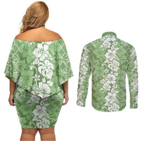 Hawaiian Lei Day Couples Matching Off Shoulder Short Dress and Long Sleeve Button Shirt Green Hibiscus Flowers Lei Art