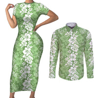 Hawaiian Lei Day Couples Matching Short Sleeve Bodycon Dress and Long Sleeve Button Shirt Green Hibiscus Flowers Lei Art