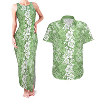 Hawaiian Lei Day Couples Matching Tank Maxi Dress and Hawaiian Shirt Green Hibiscus Flowers Lei Art