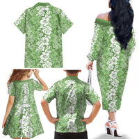 Hawaiian Lei Day Family Matching Off The Shoulder Long Sleeve Dress and Hawaiian Shirt Green Hibiscus Flowers Lei Art