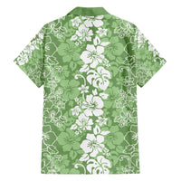 Hawaiian Lei Day Family Matching Off The Shoulder Long Sleeve Dress and Hawaiian Shirt Green Hibiscus Flowers Lei Art