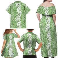 Hawaiian Lei Day Family Matching Off Shoulder Maxi Dress and Hawaiian Shirt Green Hibiscus Flowers Lei Art