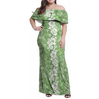 Hawaiian Lei Day Family Matching Off Shoulder Maxi Dress and Hawaiian Shirt Green Hibiscus Flowers Lei Art