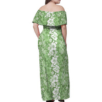 Hawaiian Lei Day Family Matching Off Shoulder Maxi Dress and Hawaiian Shirt Green Hibiscus Flowers Lei Art