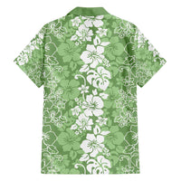 Hawaiian Lei Day Family Matching Off Shoulder Short Dress and Hawaiian Shirt Green Hibiscus Flowers Lei Art