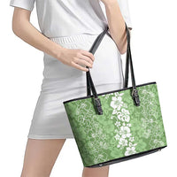 Hawaiian Lei Day Leather Tote Bag Green Hibiscus Flowers Lei Art