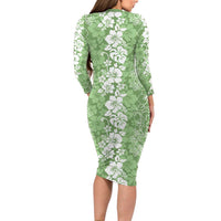 Hawaiian Lei Day Long Sleeve Bodycon Dress Green Hibiscus Flowers Lei Art