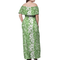 Hawaiian Lei Day Off Shoulder Maxi Dress Green Hibiscus Flowers Lei Art