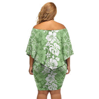 Hawaiian Lei Day Off Shoulder Short Dress Green Hibiscus Flowers Lei Art